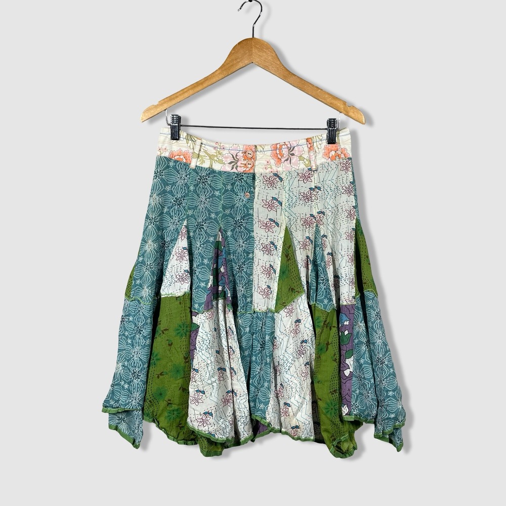 Lux Multicolor Patchwork Asymmetrical Skirt — Teal, Green, White